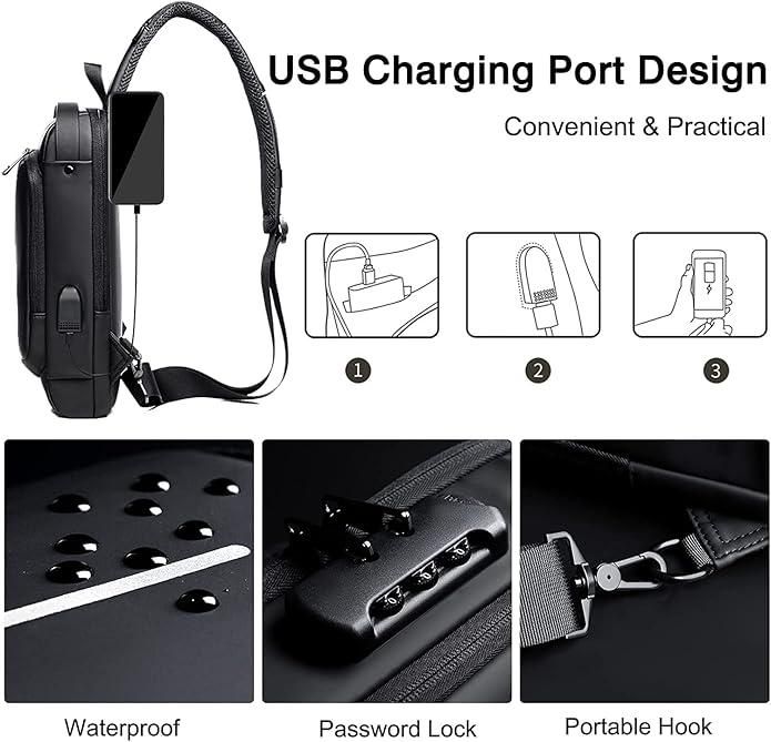 ✅ Sling Bag for Men with USB Charging, Waterproof Leather, Anti-Theft Lock – Electra Tech Crossbody [ FOR MEN AND WOMEN ]