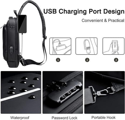 ✅ Sling Bag for Men with USB Charging, Waterproof Leather, Anti-Theft Lock – Electra Tech Crossbody [ FOR MEN AND WOMEN ]