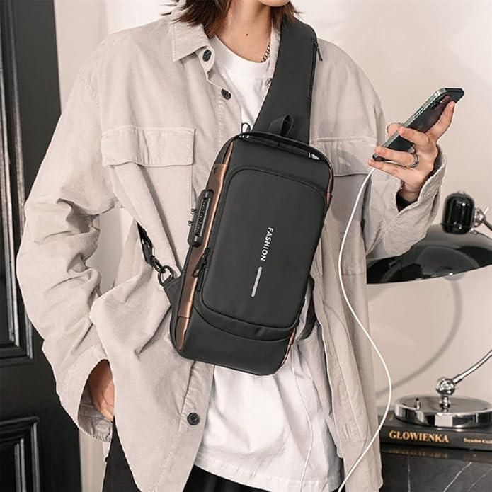 ✅ Sling Bag for Men with USB Charging, Waterproof Leather, Anti-Theft Lock – Electra Tech Crossbody [ FOR MEN AND WOMEN ]